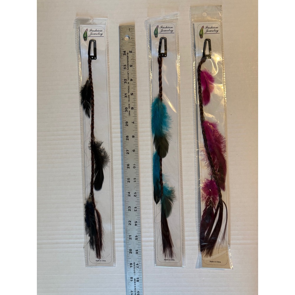 Vintage 1990s NOS Feather Hair Extensions Clips Set of 3 Black Teal Pink Boho